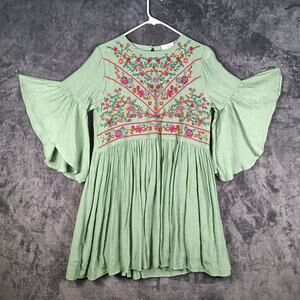 Umgee Mini Dress Women Small Sage Green Embroidered Bell Sleeve Boho Peasant